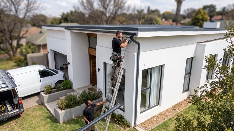 Installer on a ladder fixing a new gutter and downpipe to a white house